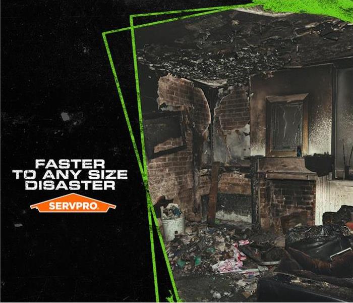 Severely fire damaged living room with the caption “Faster to any size disaster”
