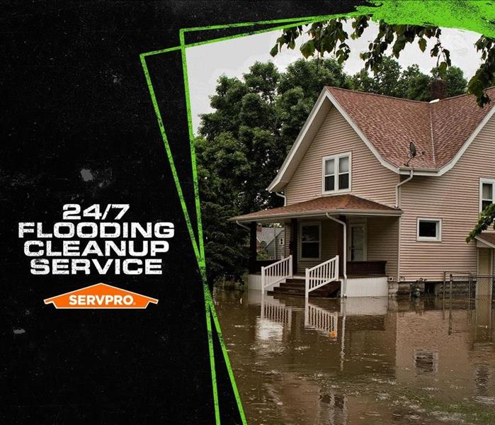 House surrounded by flooded standing water with the caption: 24/7 FLOODING CLEANUP SERVICE.